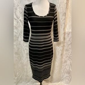 Feathers Black & Gray Striped Long Sleeve Form Fitting Dress